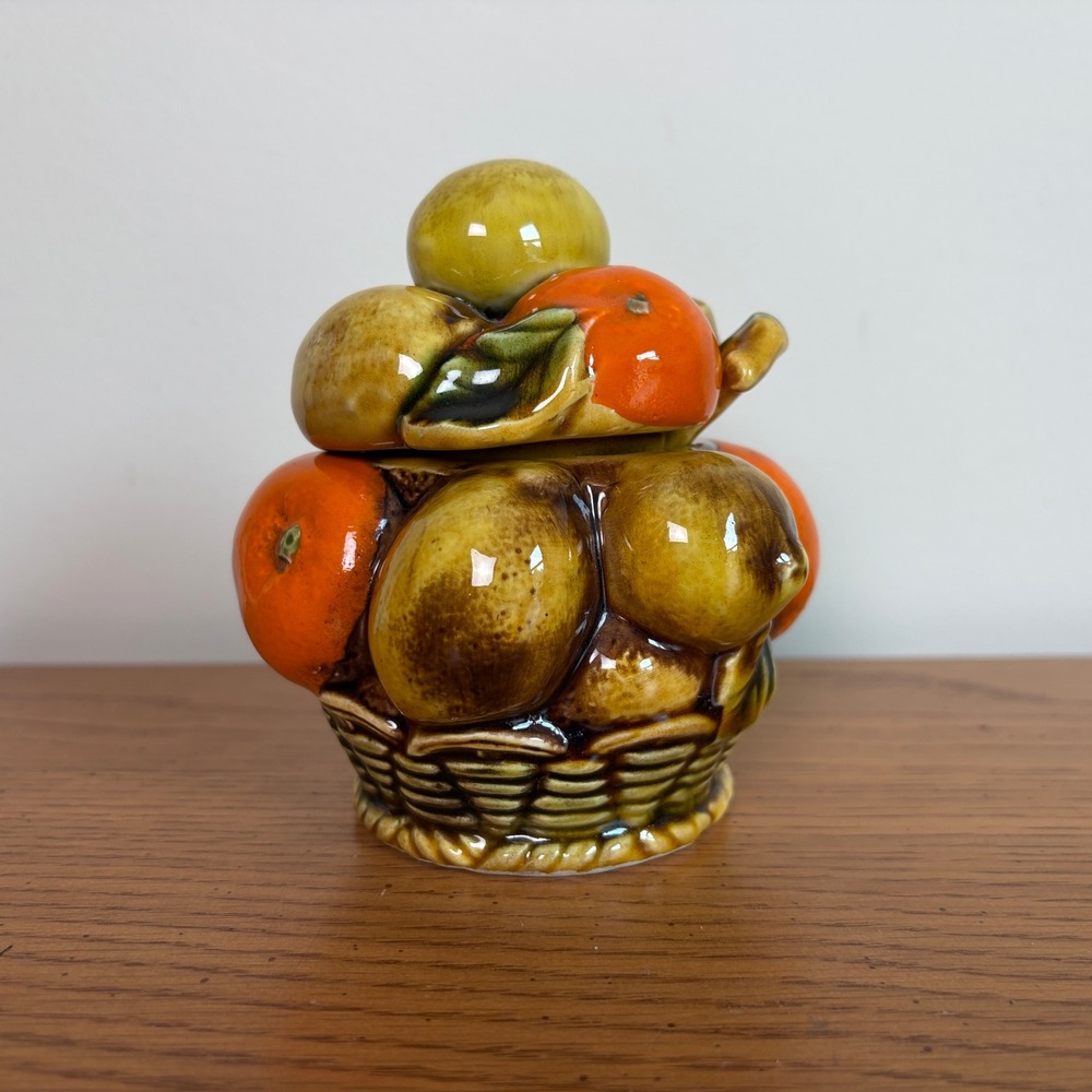 Vintage Inarco Japan E3355 Fruit Basket Jam Jar with Lid and Spoon MCM Ceramic